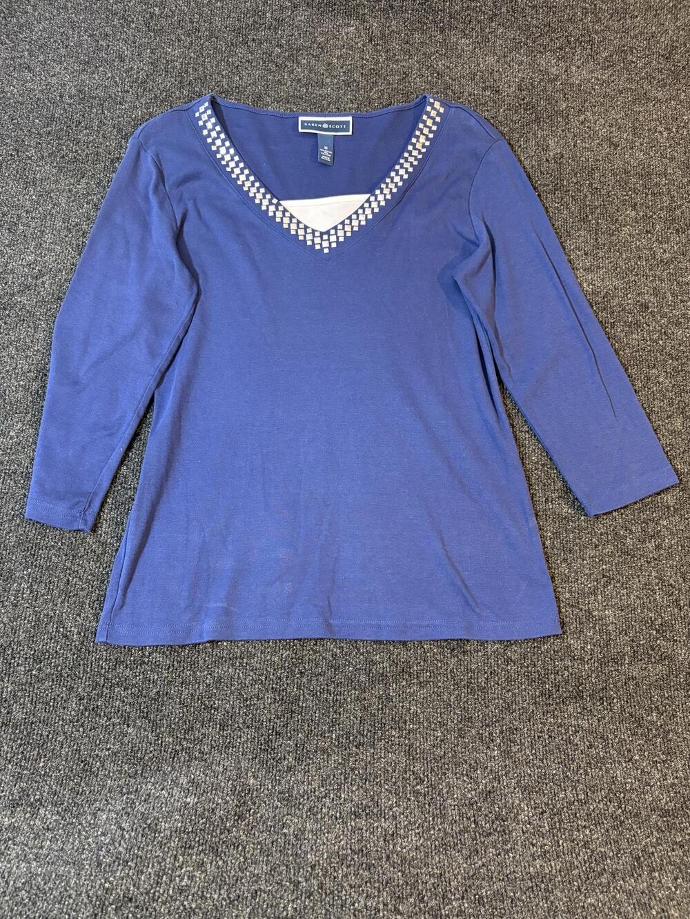 Karen Scott Shirt Womens M Blue Studded V Neck 3/4 Sleeve Jersey Top Casual